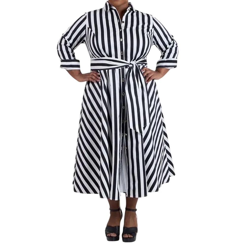 PARI PASSU Striped Belted Shirt Dress Cotton Stretch Button Front Black White 20